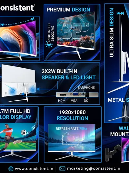 This 32-inch curved LED monitor offers an immersive viewing experience with its Full HD 1920x1080 resolution and ultra-slim design. It's wall-mountable and includes built-in speakers, making it a versatile display for professional work, streaming, and gaming.