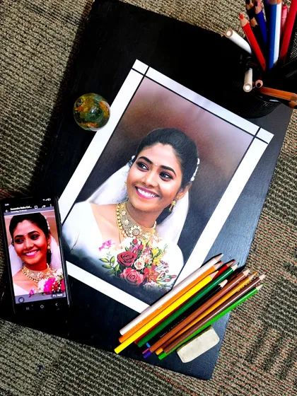 The beauty of a bride is timeless, and I love capturing it with colored pencils. This detailed bridal portrait was drawn by hand, focusing on the vibrant colors of her attire and the joyful expression on her face. It is a perfect keepsake for a wedding.