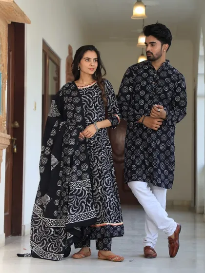 A preview of my coordinated couple outfits. This set features a women's Bagru hand-block printed Anarkali with a pure cotton dupatta, perfectly matched with a men's cotton kurta. Ideal for making a statement together at any festive event or photoshoot.