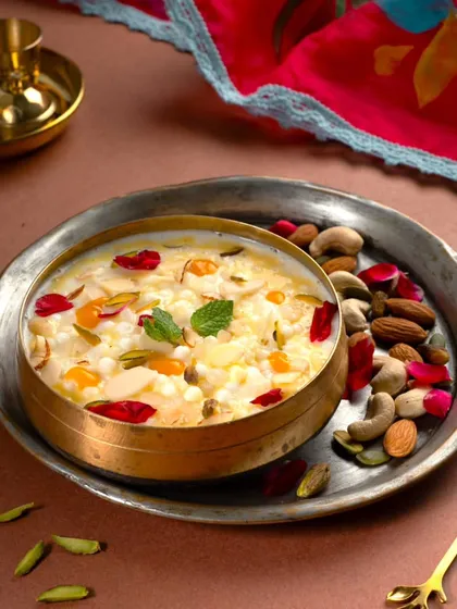 A traditional serving of our Badami Kesariya Sabudana Kheer. The richness of nuts and the aroma of saffron make it a truly divine dessert for Maha Shivratri.
