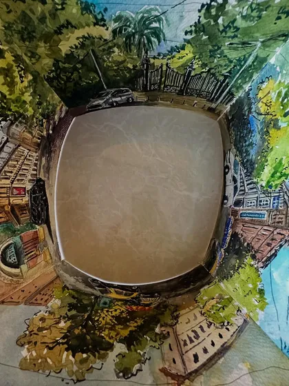 A unique 360-degree perspective painting of Horniman Circle in Mumbai. This experimental watercolour piece captures the feeling of being surrounded by the area's beautiful architecture.
