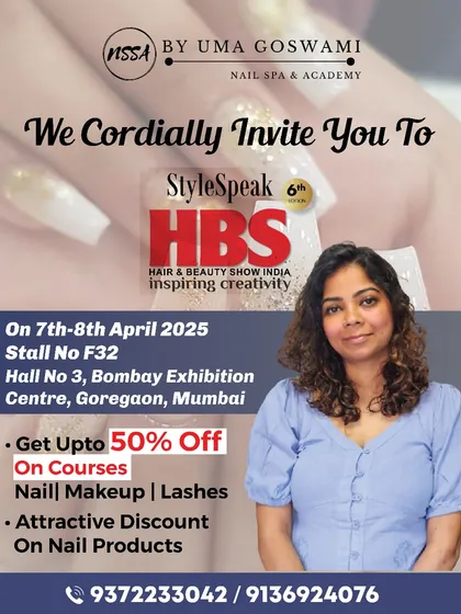 Our official invitation flyer for the HBS Hair & Beauty Show, featuring me, Uma Goswami. We offered major discounts on courses and products to all attendees.