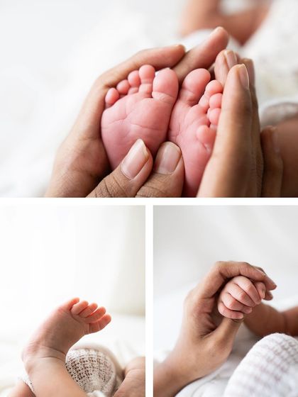 A collage of minimalist detail shots, focusing on the tiny hands and feet of a newborn. These images are all about capturing the little things.