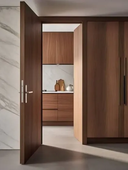 A flush wooden door that blends seamlessly with the adjoining storage cabinets, creating a clean and minimalist look.