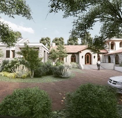 The approach to "The Abbey House," designed to feel like arriving at a historic estate that has evolved over many years.
