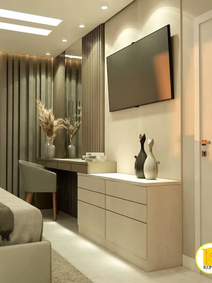 A view of the dressing area in this bedroom, with a sleek console table and a large mirror. The design is both functional and elegant.