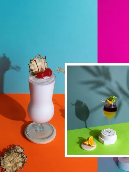 A playful composition showing two different cocktails in a colourful, graphic setting. This collage style is great for showcasing multiple drinks from a menu in a single, eye-catching image.