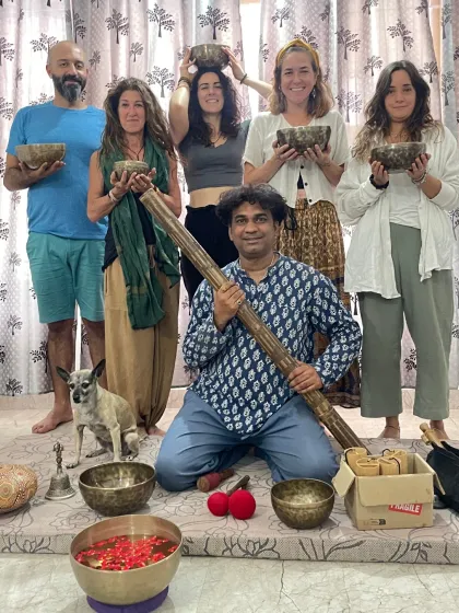 Another wonderful group completes their sound healing journey with us. The playful energy in this photo captures the supportive and joyful atmosphere of our workshops.
