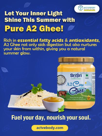 Let your inner light shine this summer with pure A2 Ghee. This image of Sri Sri A2 Cow Ghee with rice explains how its essential fatty acids and antioxidants aid digestion and nurture your skin from within for a natural glow.