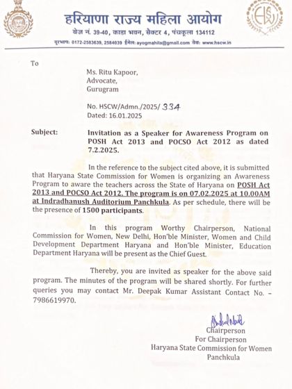 An invitation to speak at a large-scale awareness program on the POSH and POCSO Acts for 1500 teachers, organized by the Haryana State Commission for Women.