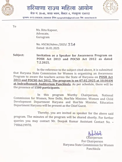 An invitation to speak at a large-scale awareness program on the POSH and POCSO Acts for 1500 teachers, organized by the Haryana State Commission for Women.