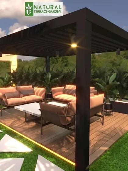 A different angle of the Dwarka front yard concept, showing the simple yet elegant pergola structure.