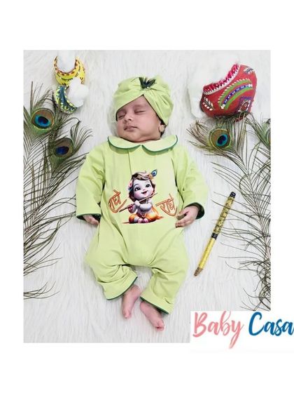 Another view of our printed Janmashtami romper, a perfect blend of festive spirit and newborn comfort.