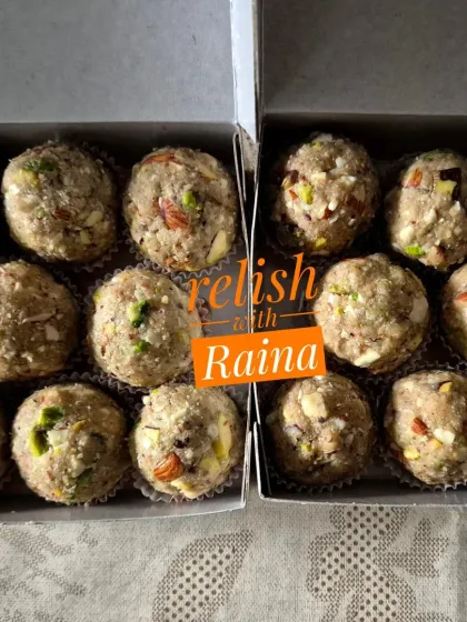 A box of my popular Oats Makhana Laddoos. These combine the goodness of oats with protein-rich makhana (fox nuts), almonds, cashews, and pistachios, all sweetened with jaggery for a modern, healthy twist on a classic.
