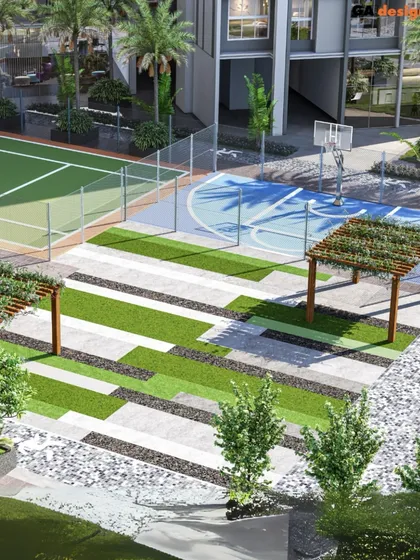 Outdoor recreational facilities are key to a healthy community. This rendering shows the basketball and tennis courts we designed as part of a larger residential complex, with patterned landscaping that adds a graphic element to the space.