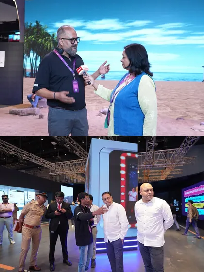Our founder being interviewed at the WAVES summit, with our virtual beach environment displayed on the LED wall behind him. The bottom image shows our team giving a tour of the technology to officials.