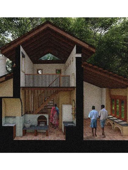 This render highlights the semi-outdoor kitchen and utility area. We designed this space with a rocket stove and wood fire system for hot water, integrating traditional, energy-efficient solutions into the home.
