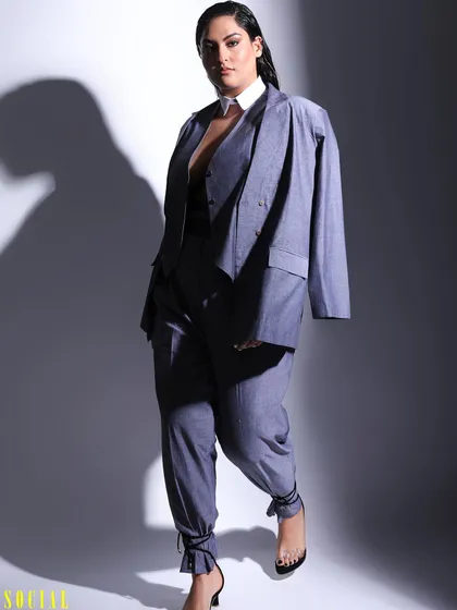 Another look at the power suit I styled for Sakshi Sindwani. Notice how the jacket is draped over the shoulders for a modern, high fashion feel.
