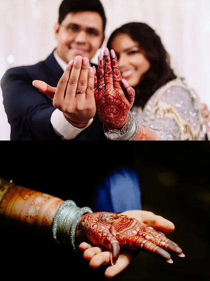 A focus on the hands and rings. This shot shows the couple proudly displaying their engagement rings and the bride's beautiful henna design.