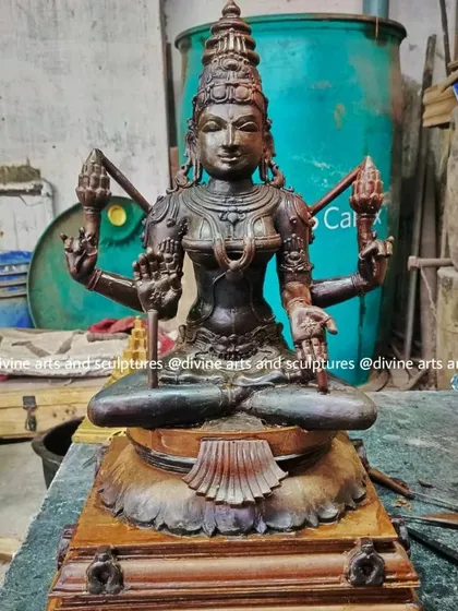 This is the wax model of Mahalakshmi, seen here in our workshop. The surrounding tools and environment give a glimpse into the sacred space where divine forms are born.