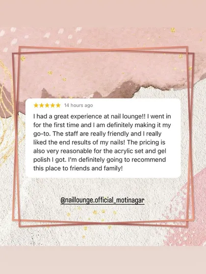 A great review from a first-time client who is now a regular. She loved the friendly staff and the reasonable pricing for her acrylic set.