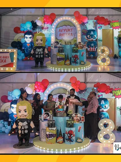 For the ultimate superhero fan, we assembled an epic celebration. This party featured life-sized statues of Thor, Hulk, and Captain America, a city skyline backdrop, and custom comic-book style props, making the birthday boy and his family feel like heroes for a day.