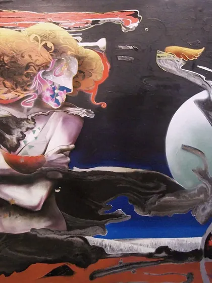 An abstract and surreal painting exploring a woman's relationship with the cosmos. The piece is intentionally dreamlike and open to interpretation, a conversation starter for any space.