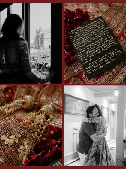 A collage of deeply personal moments. The bride looking out at the Gateway of India, a handwritten letter from a loved one, a heartfelt hug, and the intricate details of her bridal attire tell a rich, emotional story.