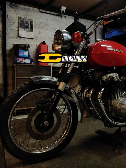 Another shot of the Moto Guzzi 350 GTS, a testament to our work on vintage and rare motorcycles.