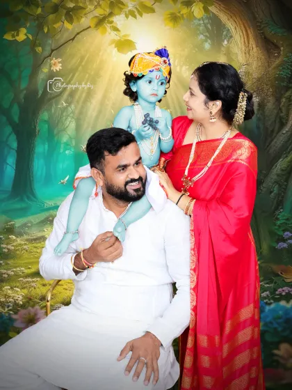 We bring the magic of the Little Krishna theme to life in this family portrait. Here, a child dressed as Krishna sits playfully on his father's shoulders while his mother looks on with love, all set against an enchanting, illustrated forest backdrop.