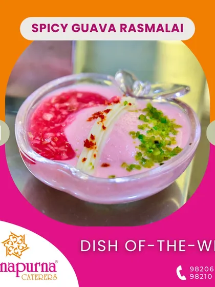 Our dish of the week: Spicy Guava Rasmalai. This is a unique fusion dessert that combines the sweet, creamy texture of rasmalai with a surprising kick of spicy guava.
