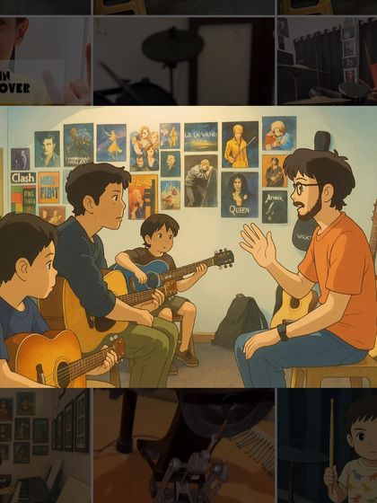 Another beautiful Ghibli style illustration, this one showing a teacher explaining a concept to a group of young guitar students.
