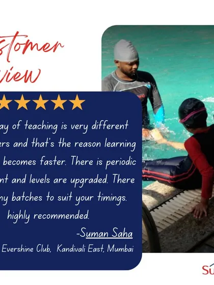 This review from a swimmer at our Evershine Club center highlights our unique teaching methods that lead to faster learning. The feedback mentions our periodic assessments, level upgrades, and flexible batch timings as key reasons for their high recommendation.