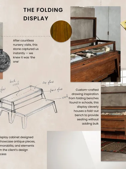 A mood board for a custom folding display cabinet at the Eka store. Inspired by old school benches, this piece cleverly houses a fold-out bench, providing seating without adding bulk, and serves as a display for antique memorabilia.