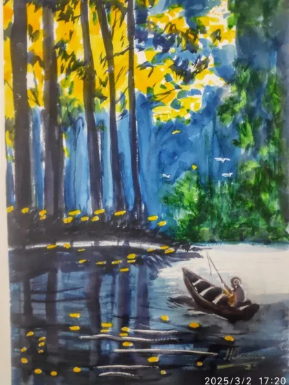 Another stunning piece by Harinder ma'am. This watercolor painting captures a serene forest scene with a lone fisherman in a boat, showcasing beautiful light and reflections.