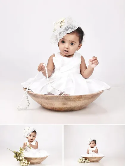 A collage of a 9-month-old baby girl in a classic, all-white setup, looking elegant and angelic.