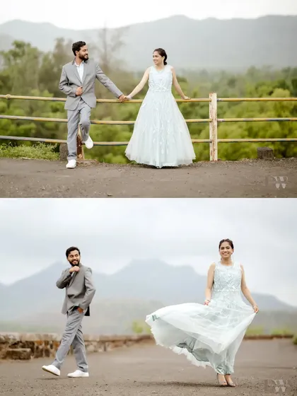 A collage showing the couple's playful and romantic sides against a backdrop of mountains. The bride's flowing gown adds a touch of elegance.