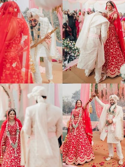 A collage of a Sikh wedding, showing the Varmala exchange and the couple's joyful, celebratory poses.