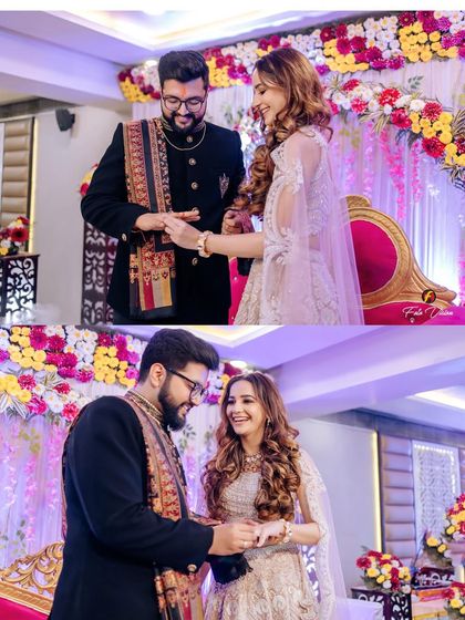 A collage of the ring exchange ceremony, capturing the key moments of this important pre-wedding ritual.