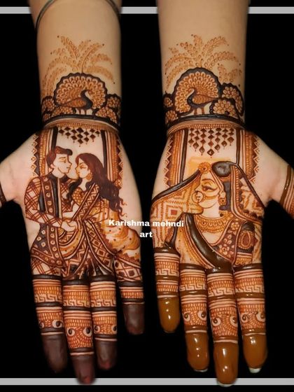 A Karwachauth special design featuring a romantic portrait of a couple on one hand and a traditional bride figure on the other. The artwork is framed by peacock motifs, showcasing my ability to create detailed figurative work for any occasion.