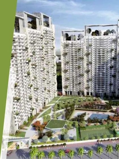 An architectural rendering of the Prateek Edifice in Noida, illustrating our approach to high-density residential design. We focus on creating a central green oasis with extensive recreational amenities, including pools and social seating areas, to foster a strong sense of community and elevate urban lifestyles.