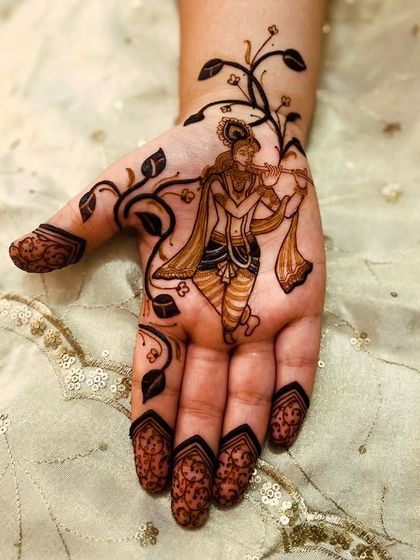 The companion design to the previous image, this one features a portrait of Krishna playing the flute, also in a minimalist style.