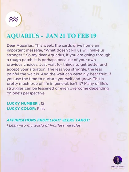 A weekly tarot prediction for Aquarius. If you are going through a rough patch, this is a time to nurture yourself and grow, as the struggle can bear fruit.