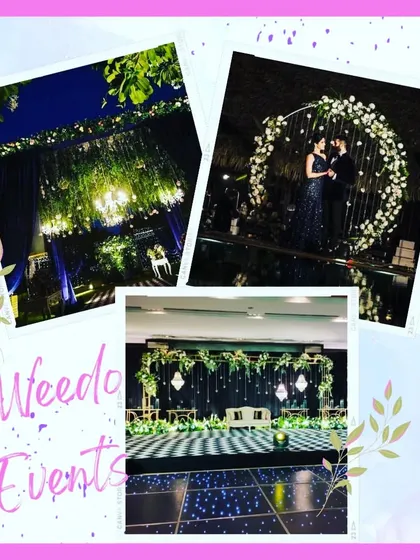 This collage showcases our versatility in stage and backdrop design for evening events. It includes a circular floral photo booth, a starlit dance floor, and a stage with hanging greenery, demonstrating different styles for engagement parties or corporate mixers.