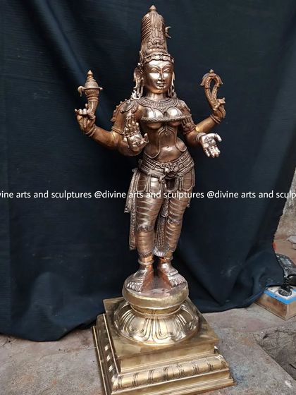 A work-in-progress image of a Bhuvaneswari statue. The bronze has been cast and is undergoing the initial stages of cleaning and detailing in our workshop.