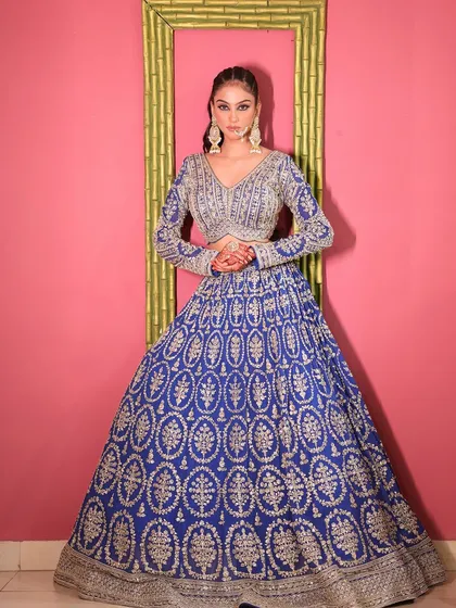 A classic front-facing shot that highlights the symmetry and detail of the outfit.