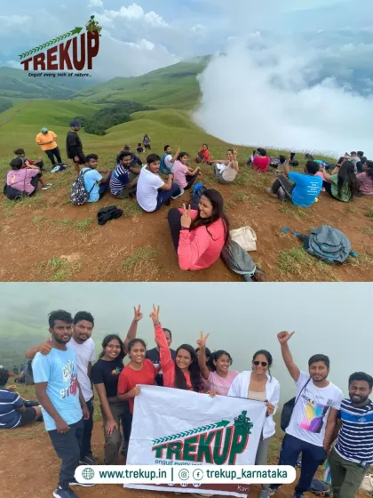 A collage from the Netravathi trek, showing our group relaxing on the peak and posing with the Trekup banner.