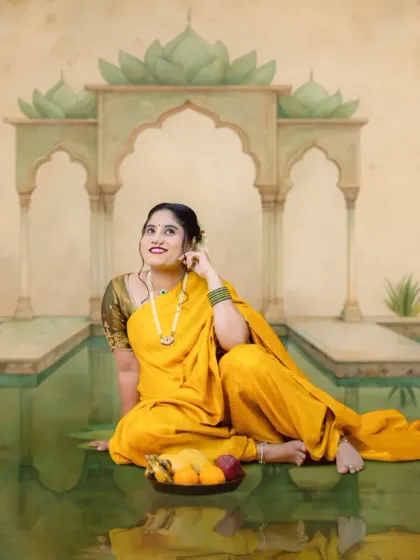 For those who love tradition, we offer creative sessions inspired by classic Indian art. This mom-to-be is styled in a beautiful yellow saree for a fine art maternity portrait that feels like a timeless painting, celebrating our rich cultural heritage.