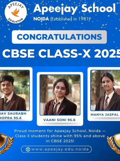 We congratulate our high-achieving Class 10 students, Aarnav Saurabh Chopra (95.6%), Vaani Soni (95.6%), and Manya Jaspal (95.4%), for their excellent CBSE board results.
