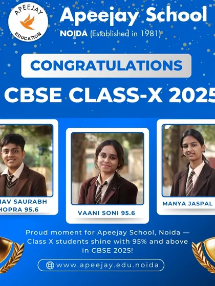 We congratulate our high-achieving Class 10 students, Aarnav Saurabh Chopra (95.6%), Vaani Soni (95.6%), and Manya Jaspal (95.4%), for their excellent CBSE board results.